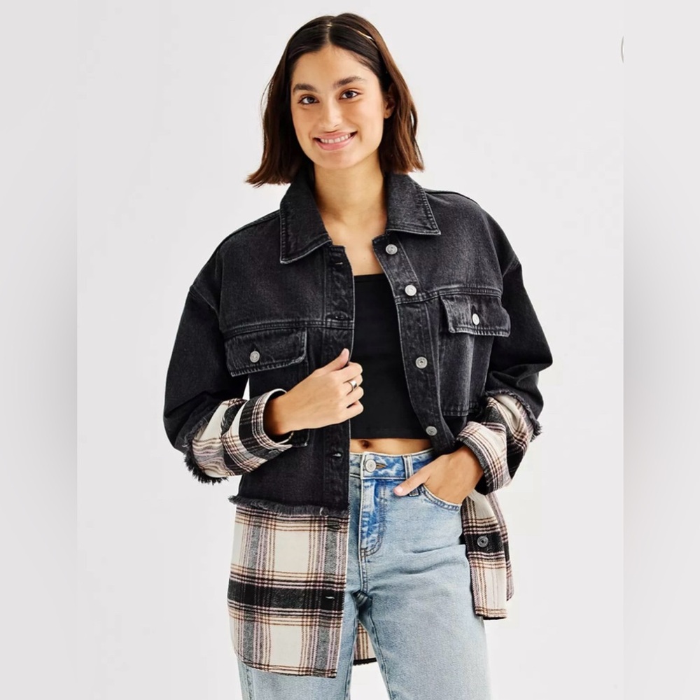 SO Black Denim and Plaid Mixed Media Jacket